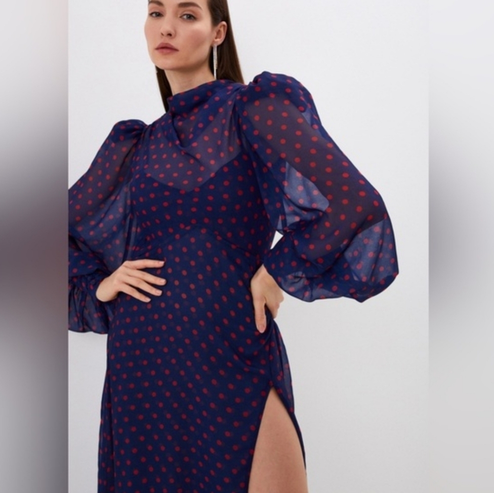 For Love & Lemons Mavis Holiday Maxi Dress Navy Polka Dot Size Medium - Picture 2 of 2
